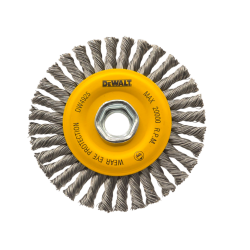 Close-up of DeWalt DW4925 4-inch stringer wire wheel brush showing twisted carbon-steel knots, yellow hub, and 5/8-11 arbor rated to 20,000 RPM.