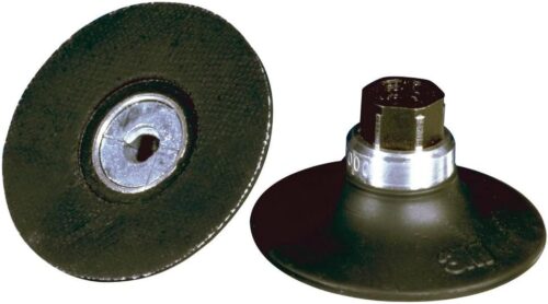 Close-up of 3M Roloc TR 45095 2-inch medium rubber backup pad with 1/4-20 internal thread for quick-change abrasive discs.