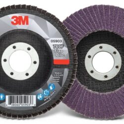 3M 769F Type 27 flap disc, 4-½ × 7/8 inch, 60+ grit purple ceramic grain on fiberglass backing.