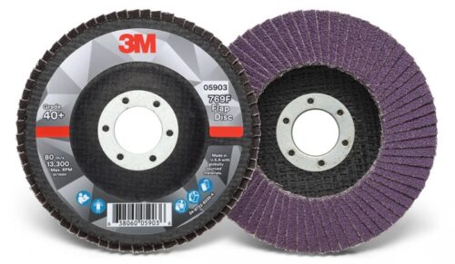 3M™ 769F Type 27 flap disc, 4-½ × 7/8 inch, 40+ grit purple ceramic grain on fiberglass backing.